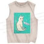 Unisex I Am Le Tired Cat Printed Washed Tank Top