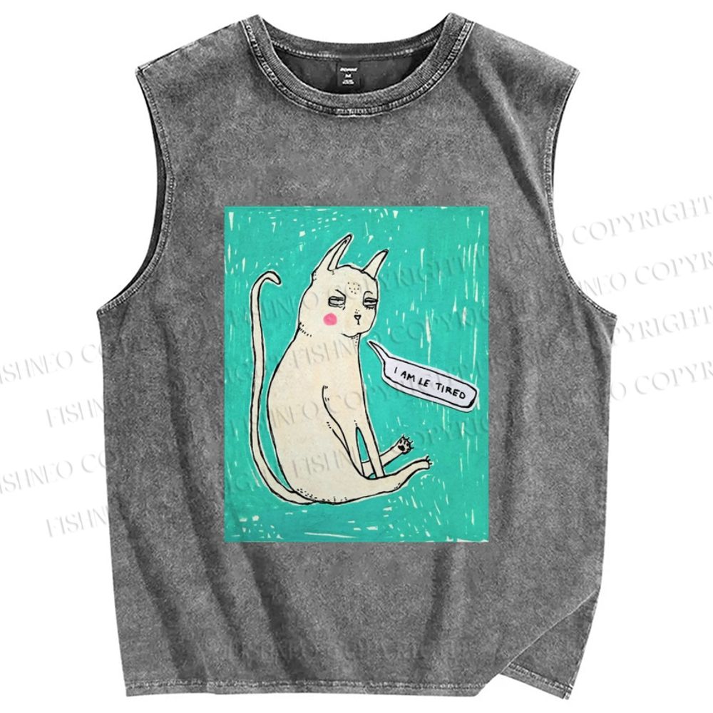 Unisex I Am Le Tired Cat Printed Washed Tank Top