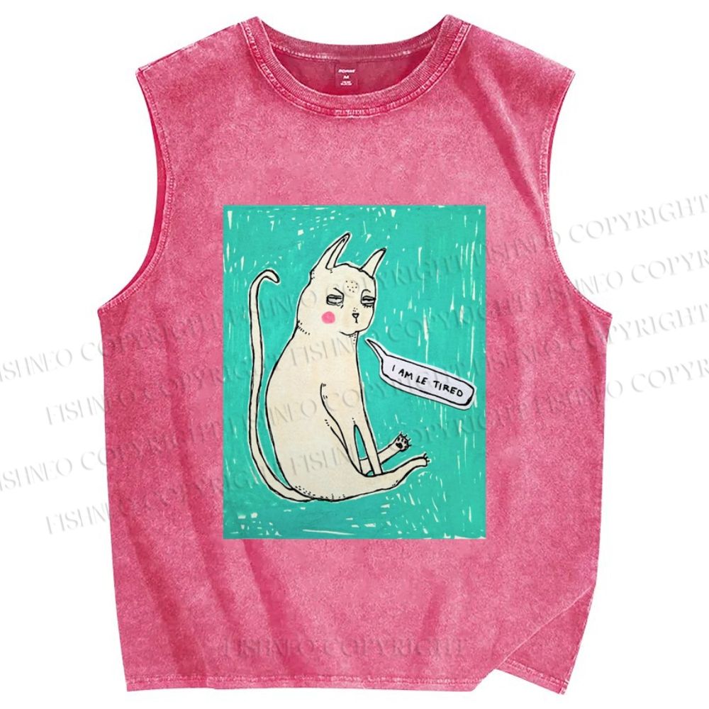 Unisex I Am Le Tired Cat Printed Washed Tank Top