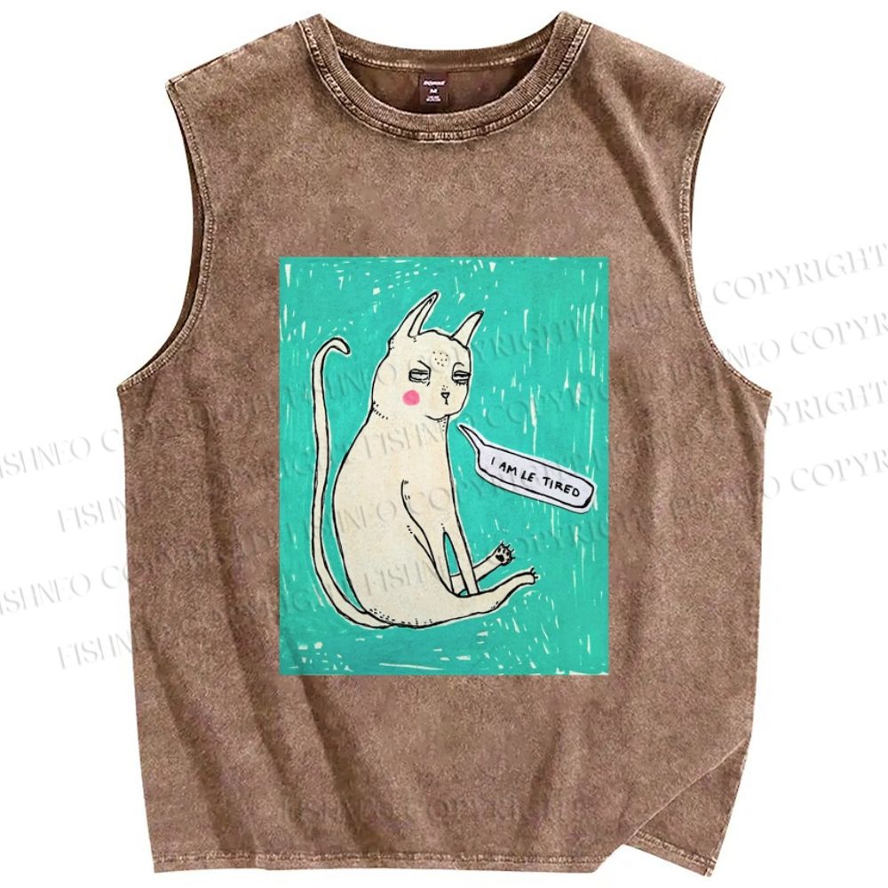 Unisex I Am Le Tired Cat Printed Washed Tank Top