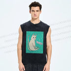 Unisex I Am Le Tired Cat Printed Washed Tank Top