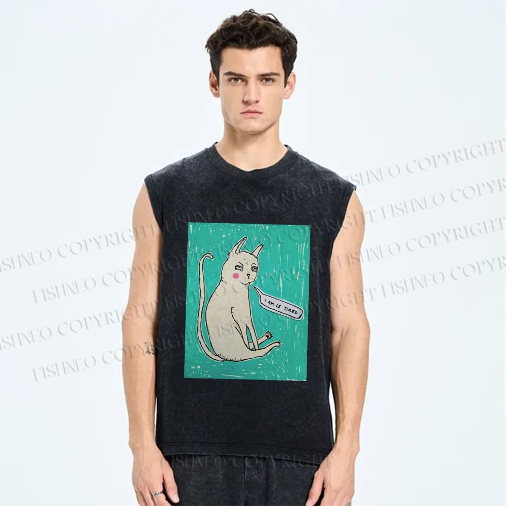 Unisex I Am Le Tired Cat Printed Washed Tank Top