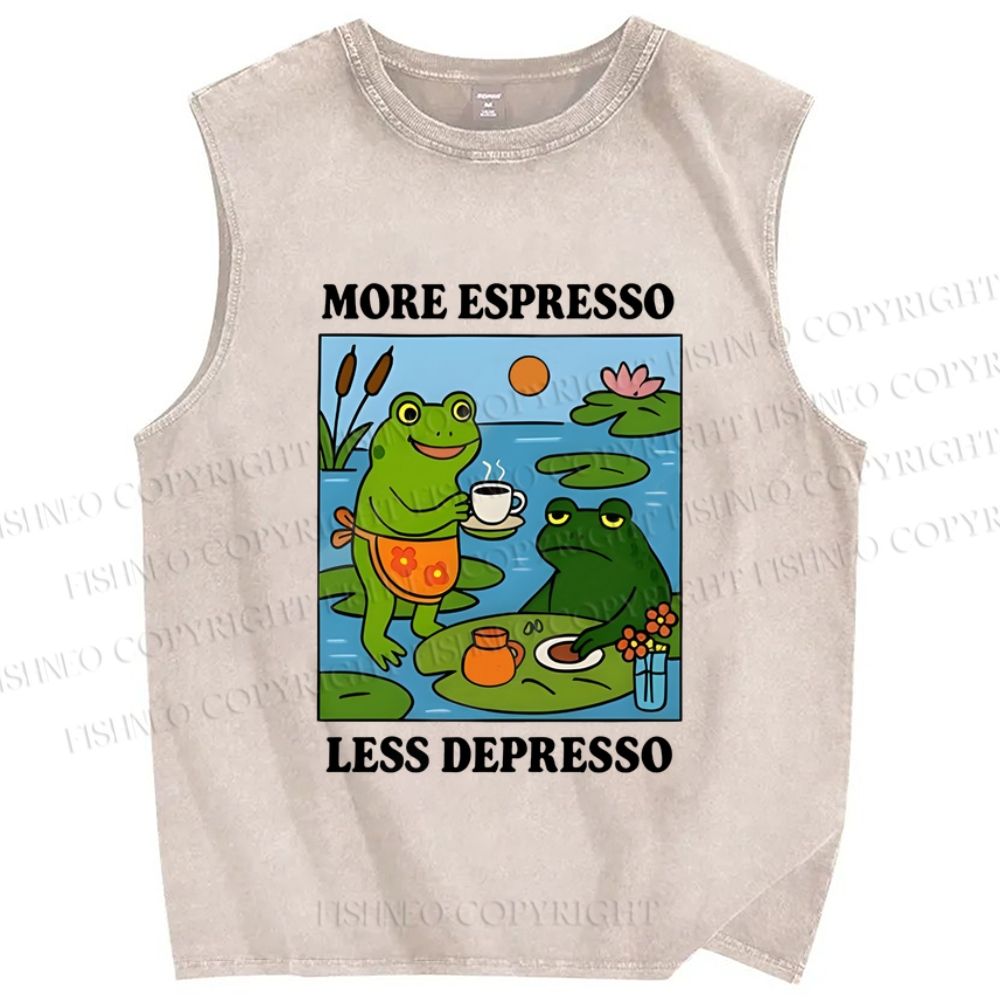 Unisex More Espresso Less Depresso Frog Printed Washed Tank Top
