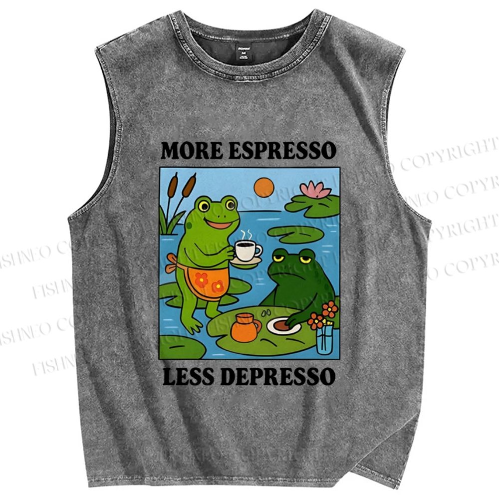 Unisex More Espresso Less Depresso Frog Printed Washed Tank Top