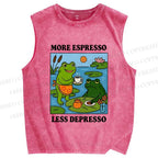 Unisex More Espresso Less Depresso Frog Printed Washed Tank Top