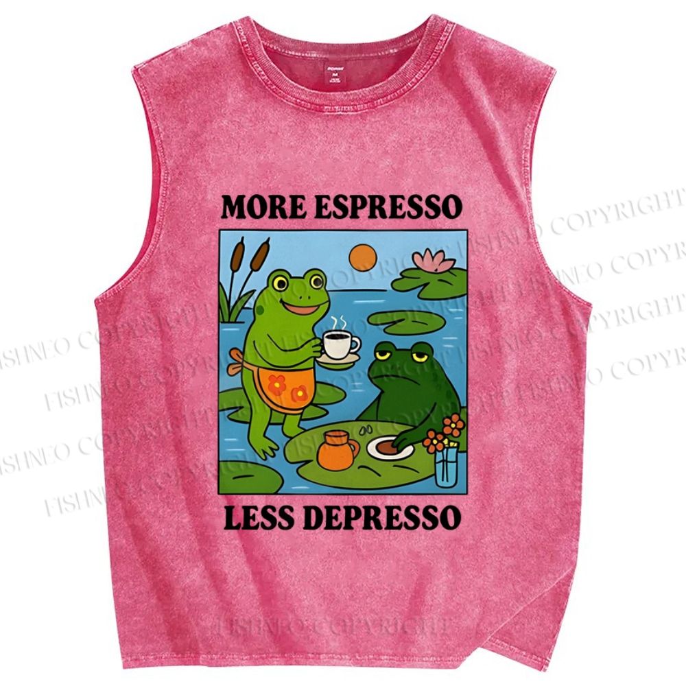 Unisex More Espresso Less Depresso Frog Printed Washed Tank Top