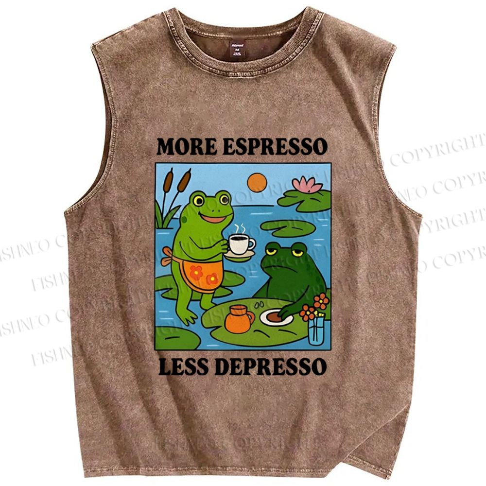 Unisex More Espresso Less Depresso Frog Printed Washed Tank Top