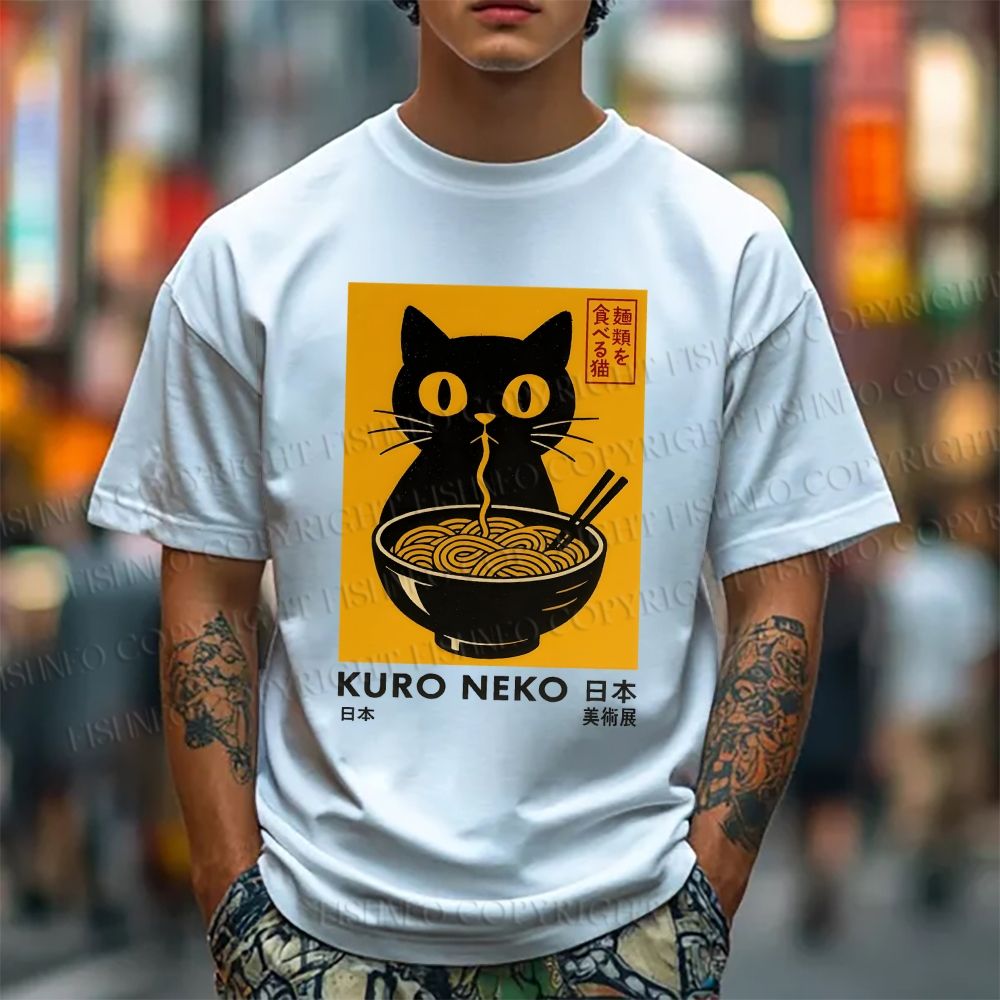 Unisex Kuro Neko Cat Printed Classic Cotton T-shirt