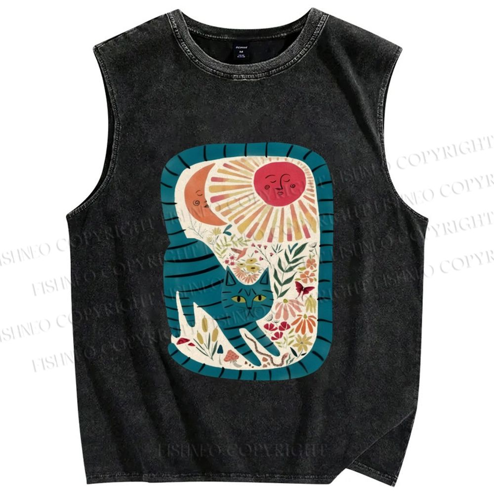 Unisex Cat in Flowers Printed Washed Tank Top