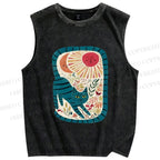 Unisex Cat in Flowers Printed Washed Tank Top