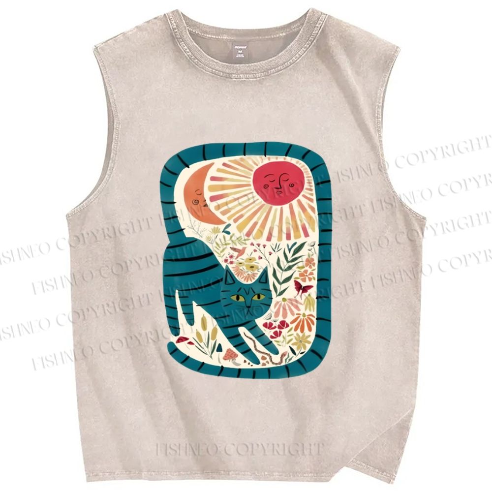 Unisex Cat in Flowers Printed Washed Tank Top