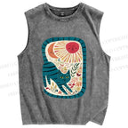 Unisex Cat in Flowers Printed Washed Tank Top