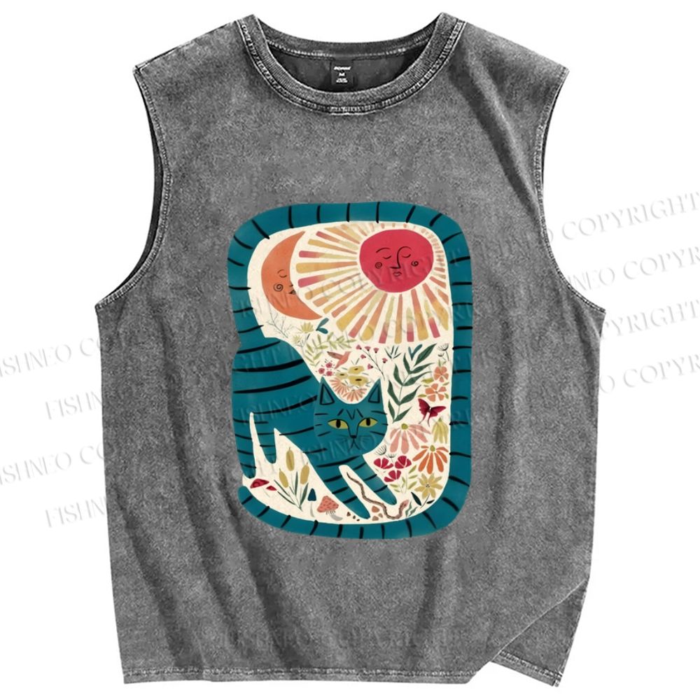 Unisex Cat in Flowers Printed Washed Tank Top