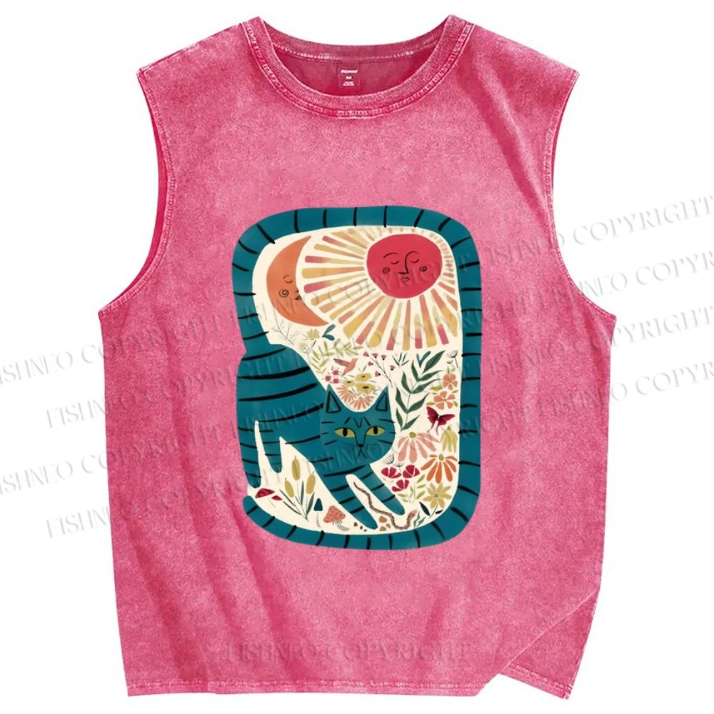 Unisex Cat in Flowers Printed Washed Tank Top