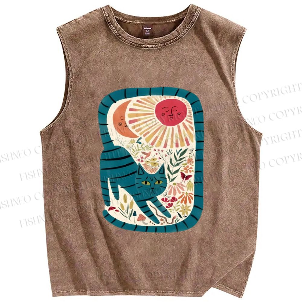 Unisex Cat in Flowers Printed Washed Tank Top