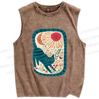 Unisex Cat in Flowers Printed Washed Tank Top