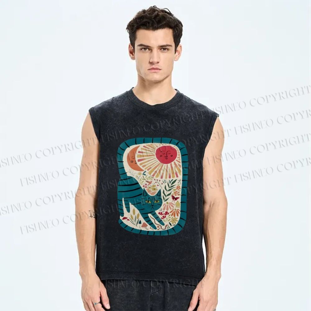 Unisex Cat in Flowers Printed Washed Tank Top