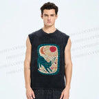 Unisex Cat in Flowers Printed Washed Tank Top