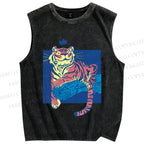 Unisex Tiger on Wood Printed Washed Tank Top