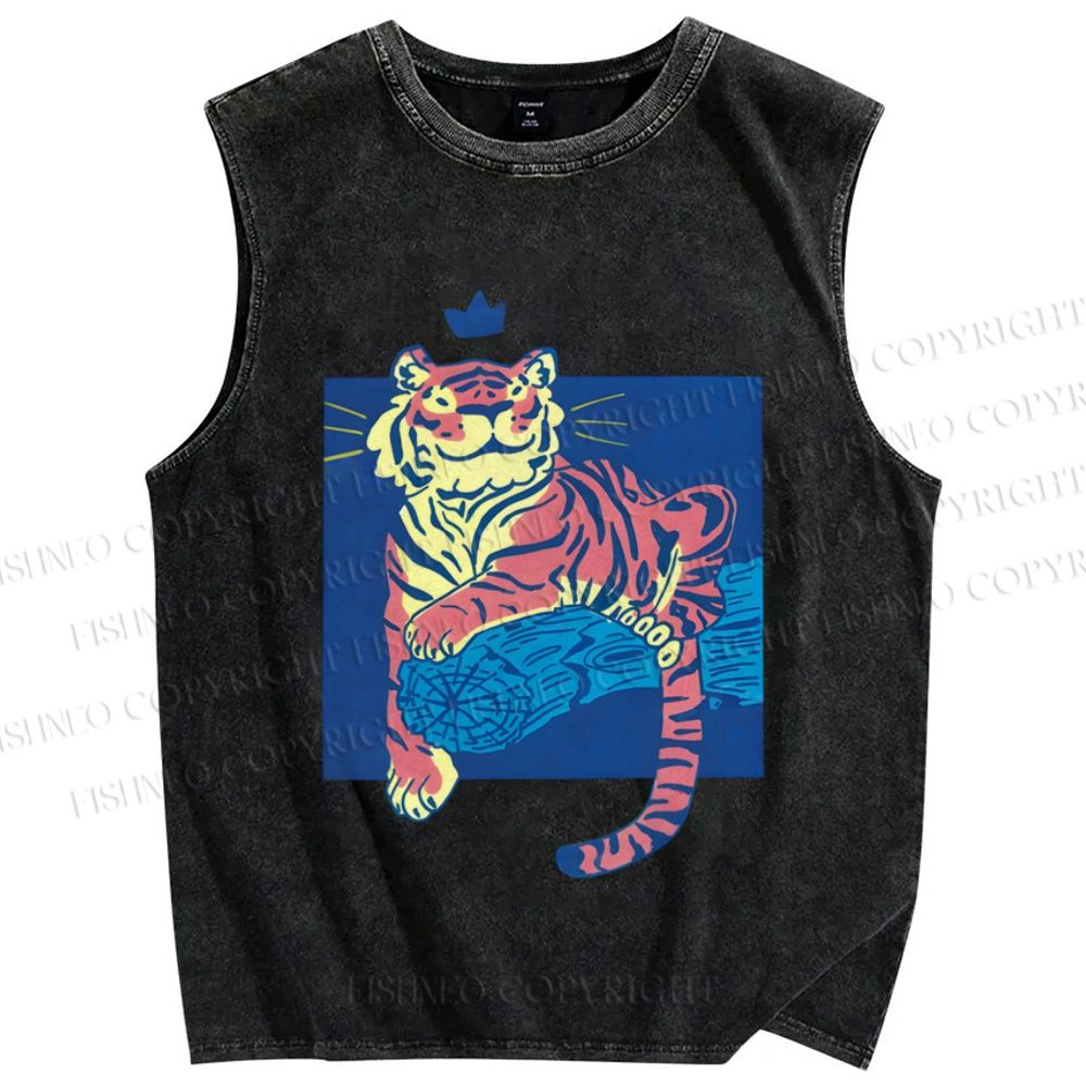 Unisex Tiger on Wood Printed Washed Tank Top