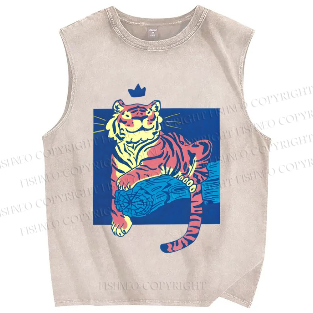 Unisex Tiger on Wood Printed Washed Tank Top