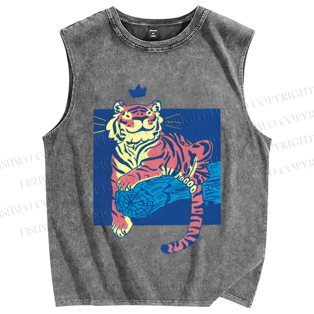 Unisex Tiger on Wood Printed Washed Tank Top