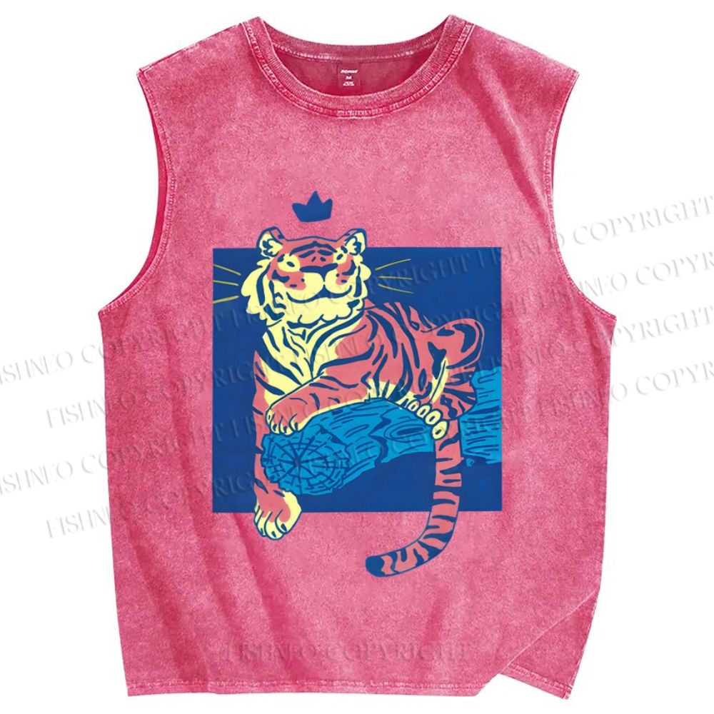 Unisex Tiger on Wood Printed Washed Tank Top