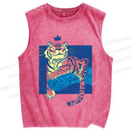 Unisex Tiger on Wood Printed Washed Tank Top