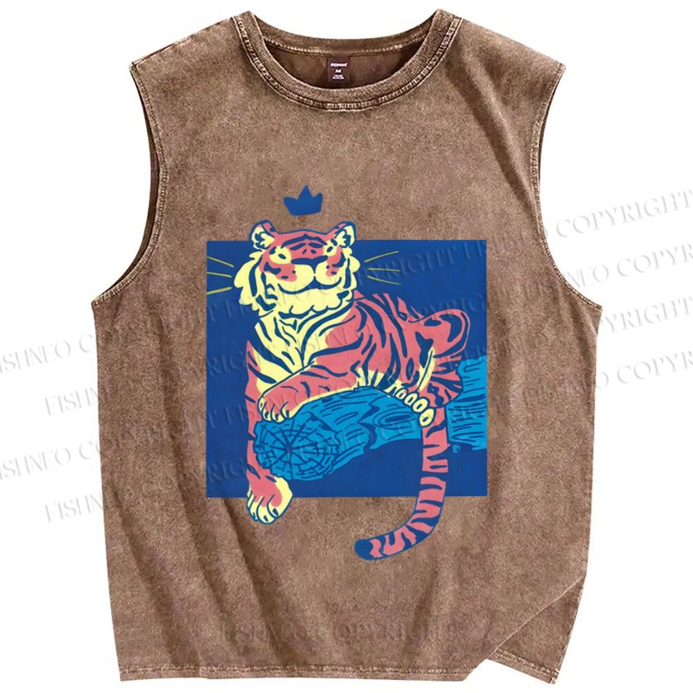 Unisex Tiger on Wood Printed Washed Tank Top