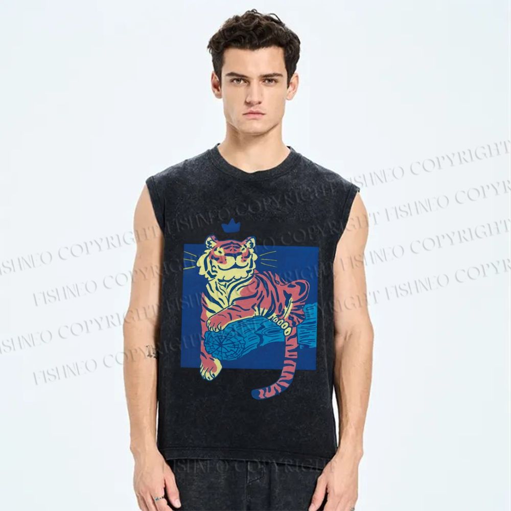 Unisex Tiger on Wood Printed Washed Tank Top