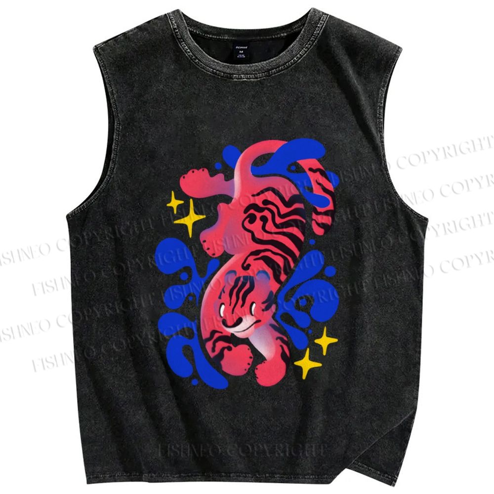 Unisex Tiger in Blue Smog Printed Washed Tank Top
