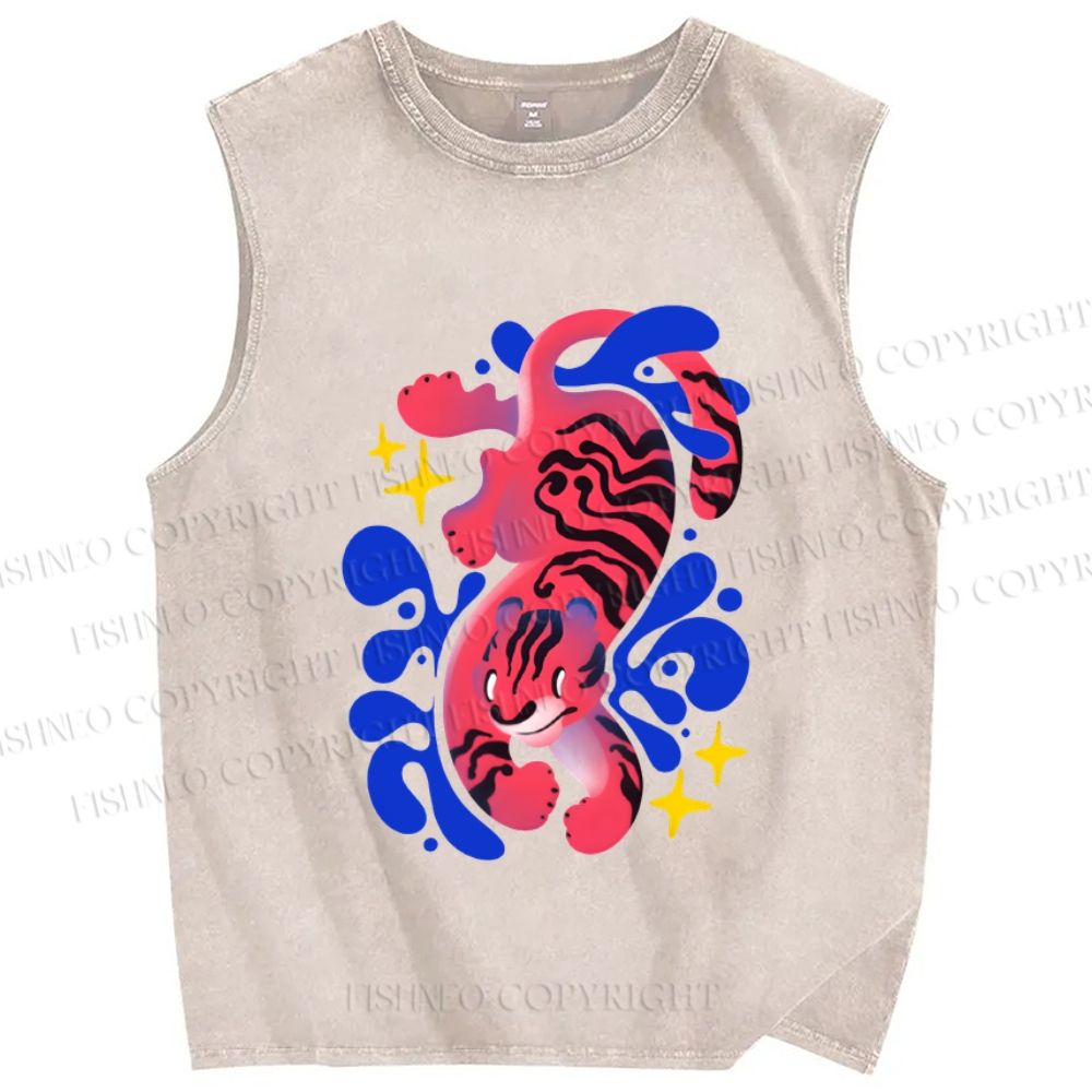 Unisex Tiger in Blue Smog Printed Washed Tank Top
