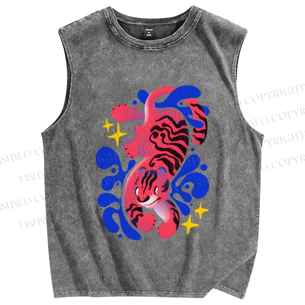 Unisex Tiger in Blue Smog Printed Washed Tank Top