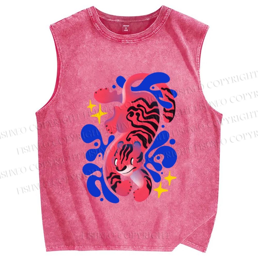 Unisex Tiger in Blue Smog Printed Washed Tank Top