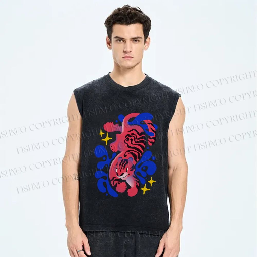 Unisex Tiger in Blue Smog Printed Washed Tank Top