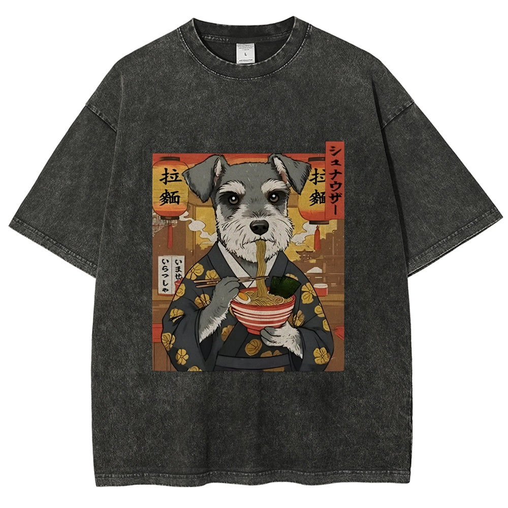 Schnauzer Eating Ramen Washed T-Shirt