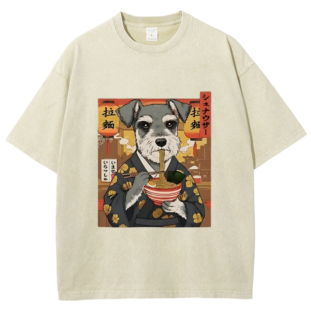 Schnauzer Eating Ramen Washed T-Shirt