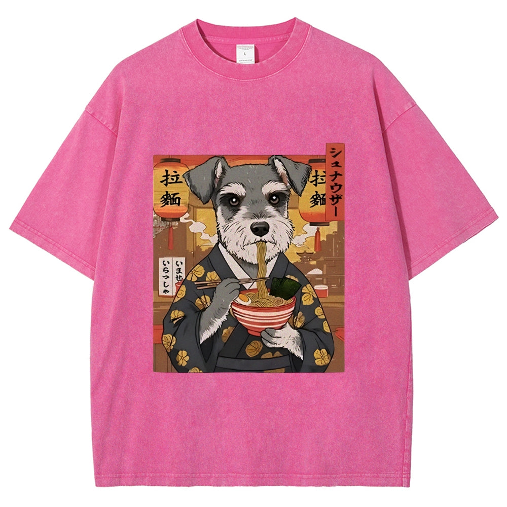 Schnauzer Eating Ramen Washed T-Shirt