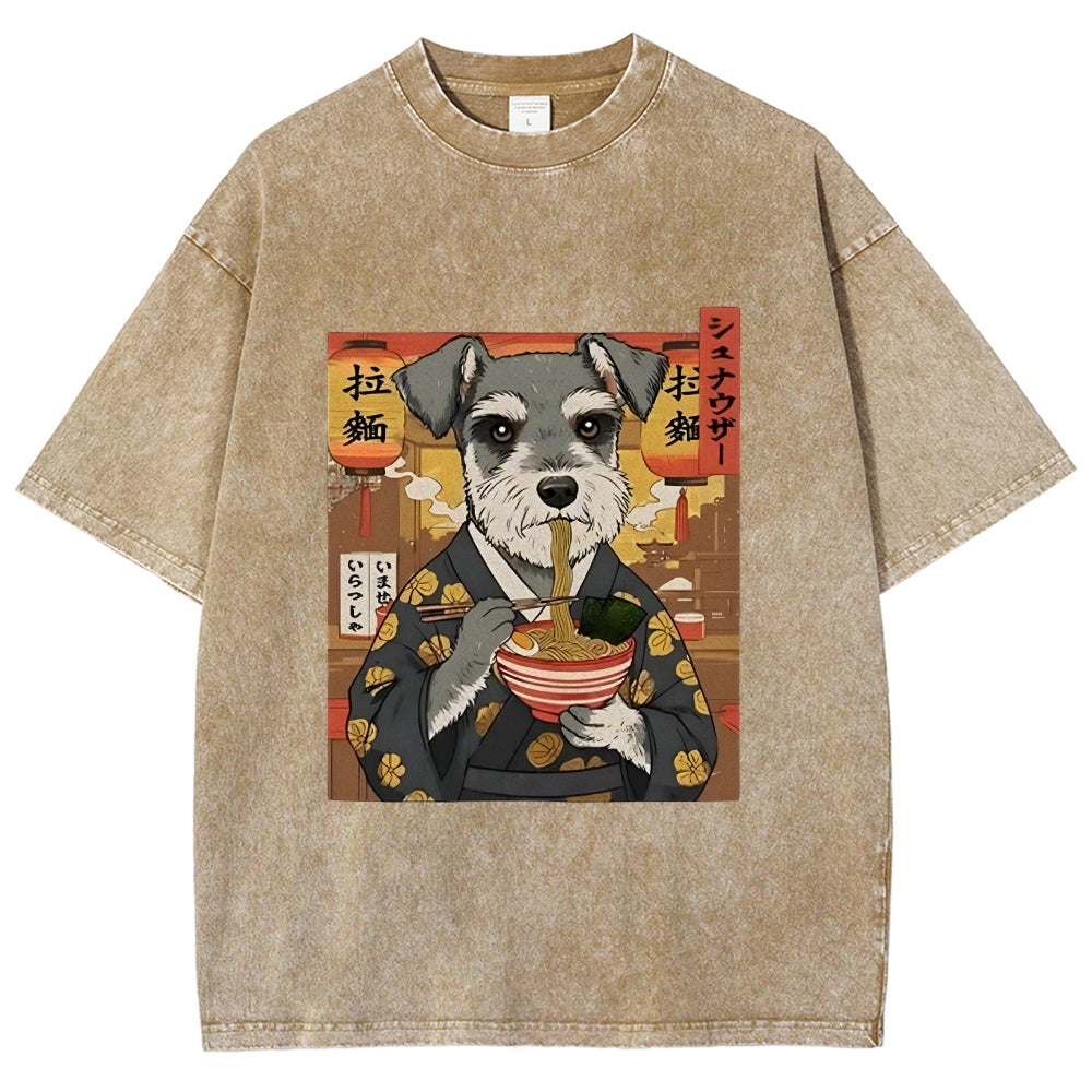 Schnauzer Eating Ramen Washed T-Shirt