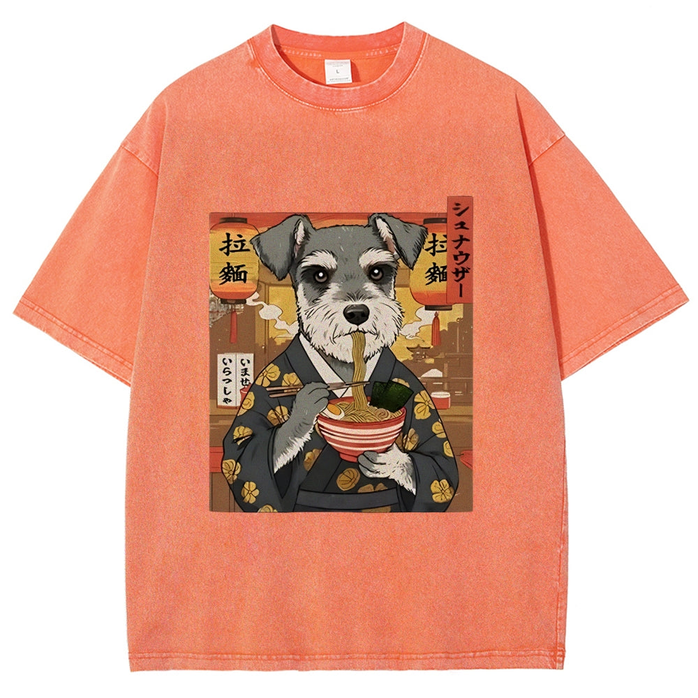 Schnauzer Eating Ramen Washed T-Shirt