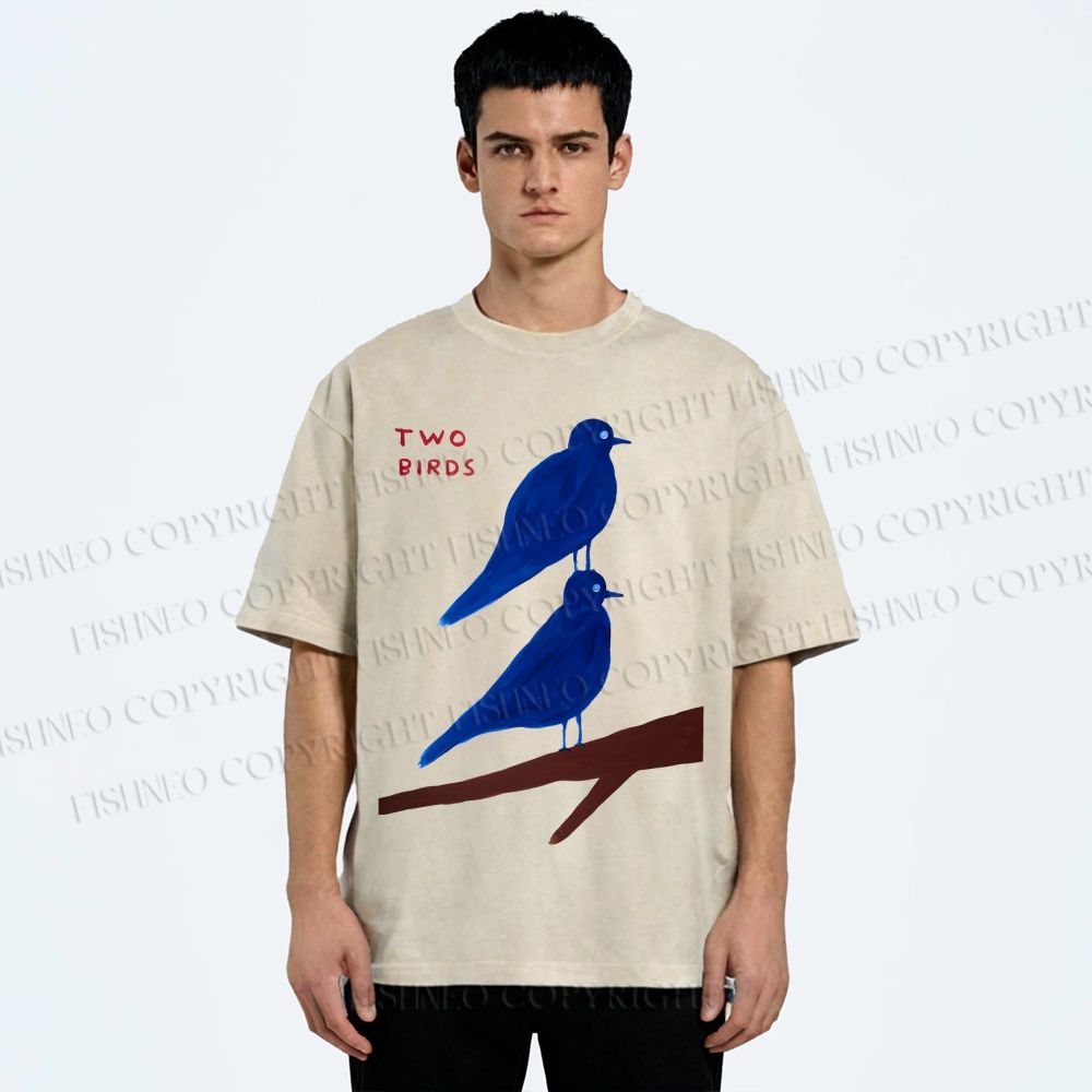 Unisex Two Birds Printed Washed Tee