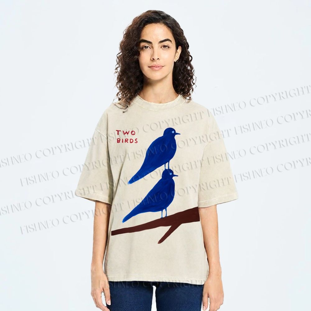 Unisex Two Birds Printed Washed Tee