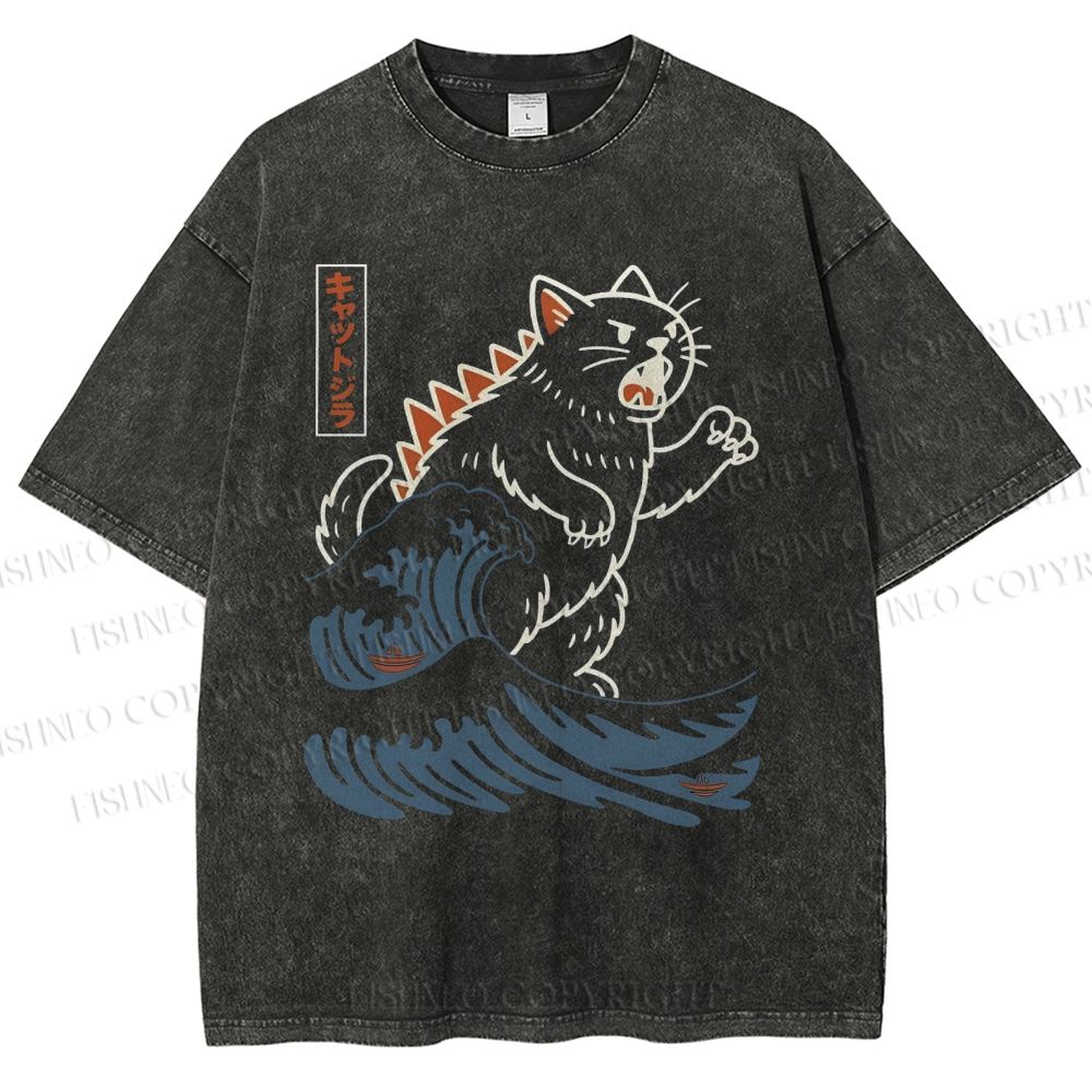 Unisex Wave Monster Cat Printed Washed Tee