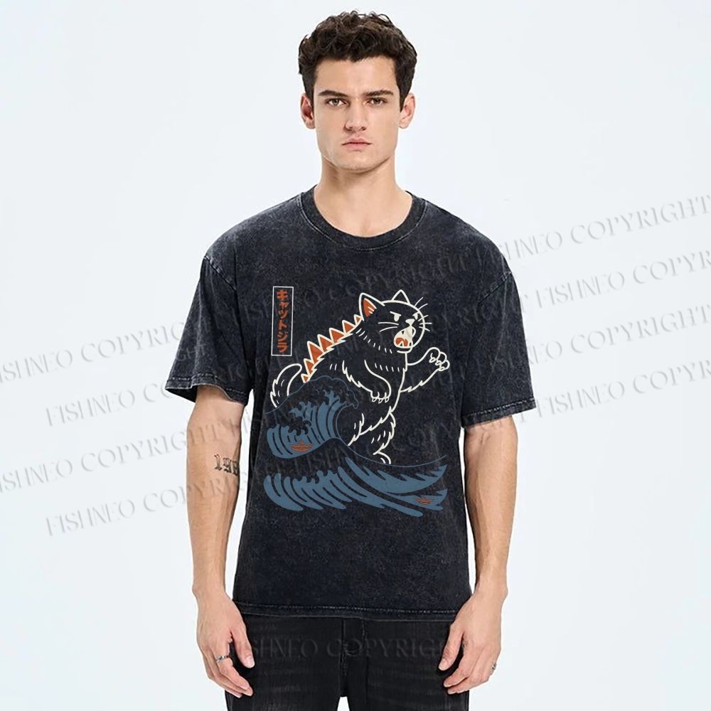 Unisex Wave Monster Cat Printed Washed Tee