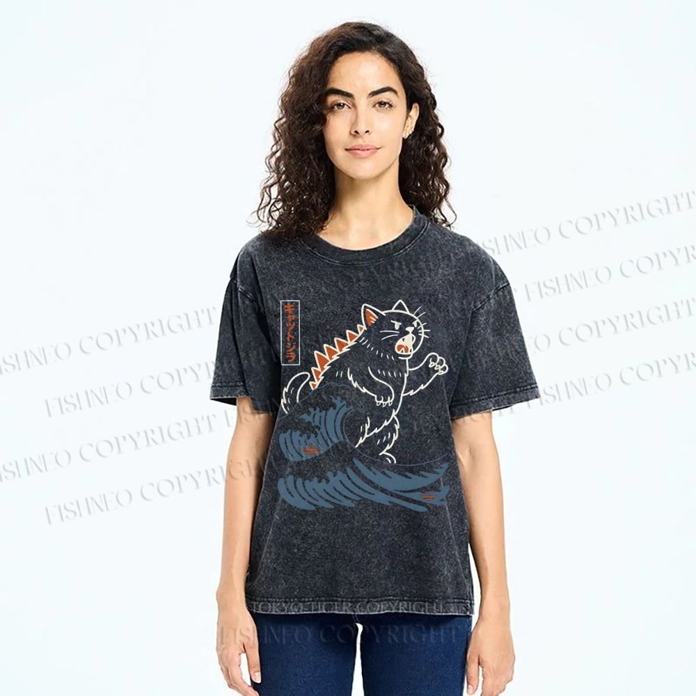 Unisex Wave Monster Cat Printed Washed Tee