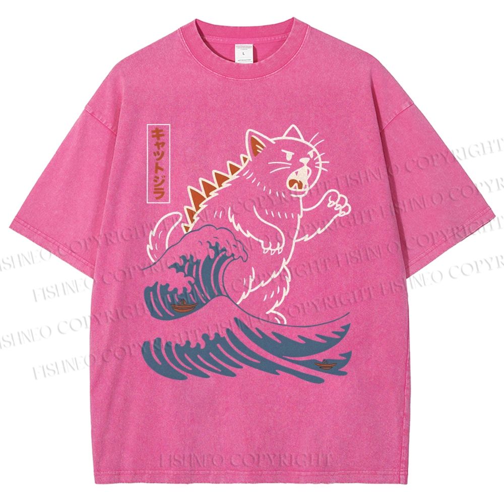 Unisex Wave Monster Cat Printed Washed Tee
