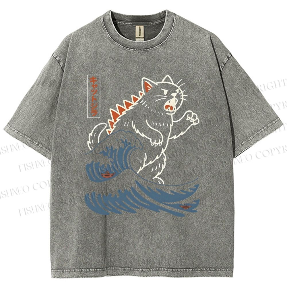 Unisex Wave Monster Cat Printed Washed Tee