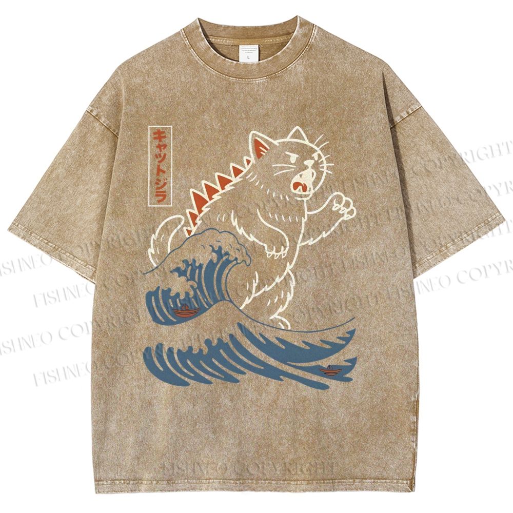 Unisex Wave Monster Cat Printed Washed Tee