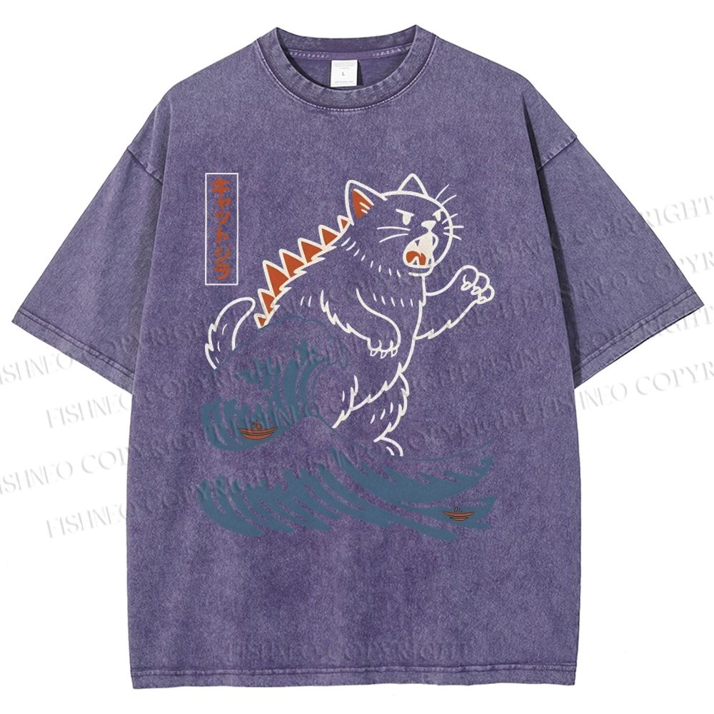 Unisex Wave Monster Cat Printed Washed Tee
