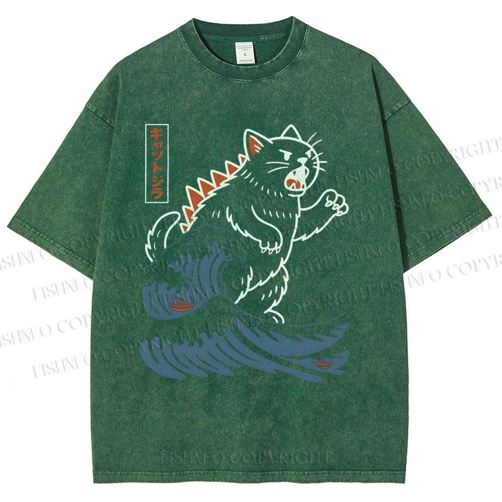 Unisex Wave Monster Cat Printed Washed Tee